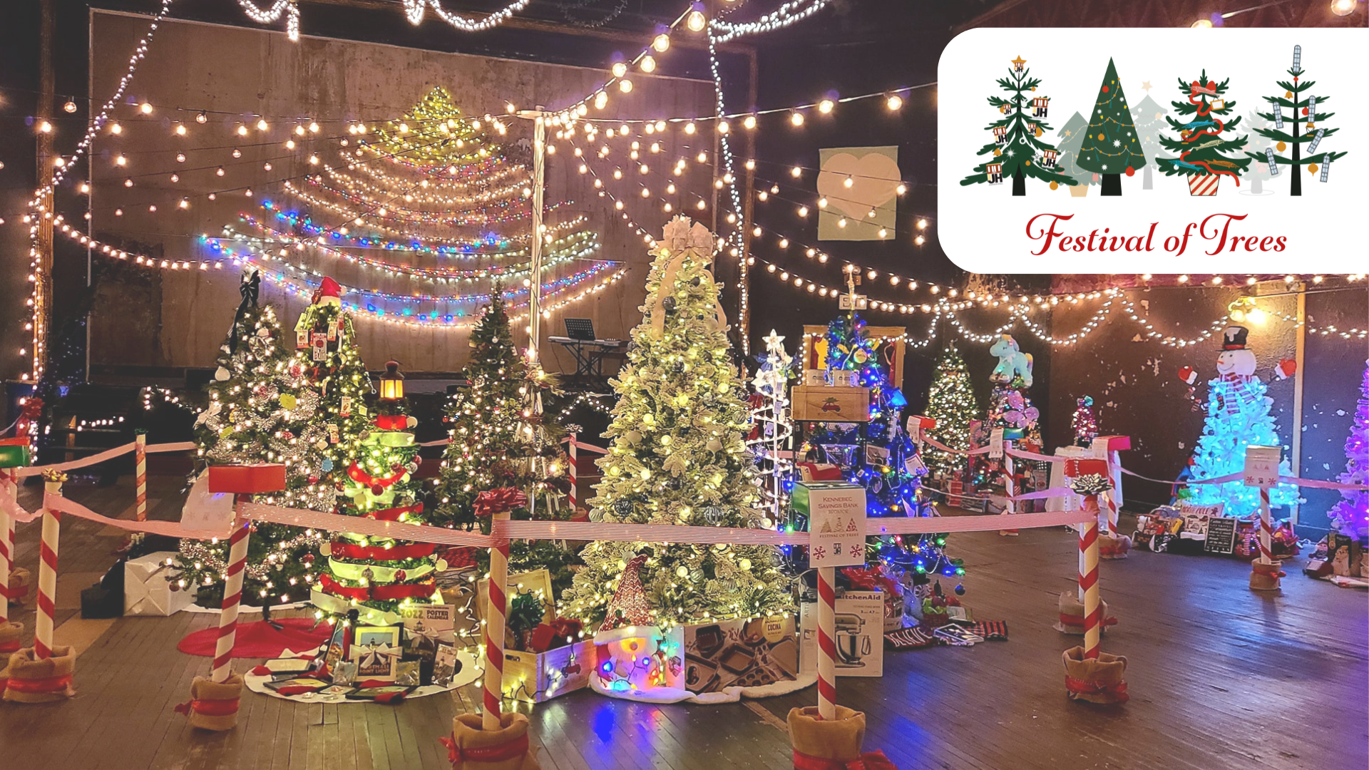 Christmas Trees decorated with lights and Christmas lights in the shape of a tree. Logo showing Festival of Trees