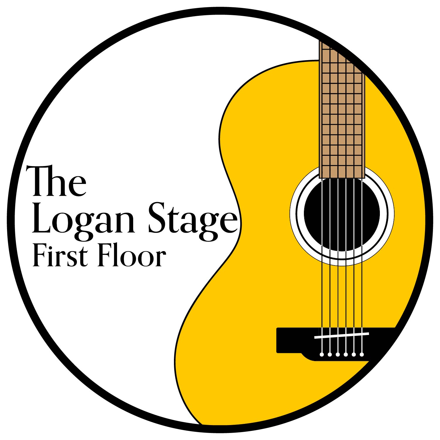 The Logan Stage first floor logo with a yellow guitar